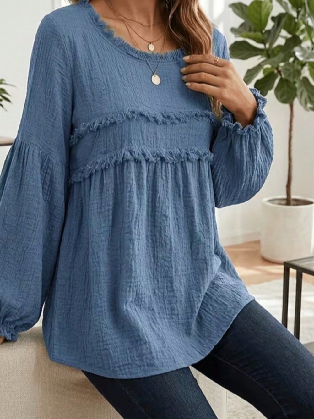 Solid Textured Round Neck Frayed Detail Long sleeve Top - Picture 2 of 12